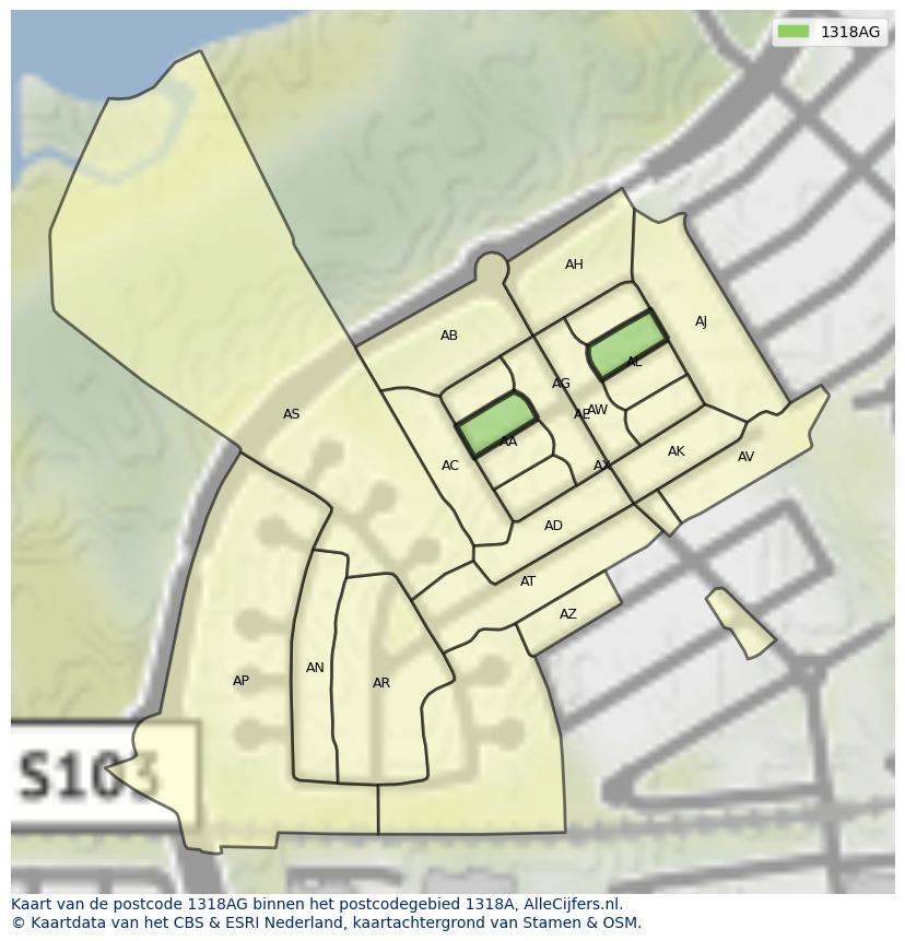 Afbeelding van het postcodegebied 1318 AG op de kaart.