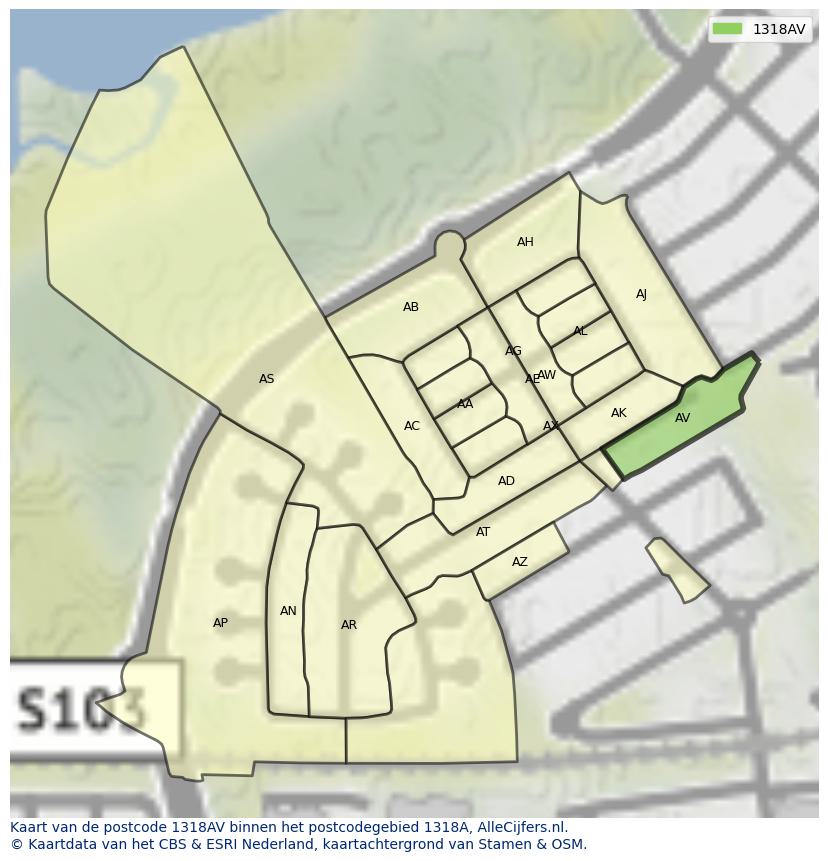 Afbeelding van het postcodegebied 1318 AV op de kaart.