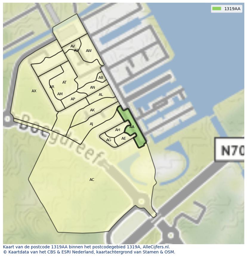 Afbeelding van het postcodegebied 1319 AA op de kaart.