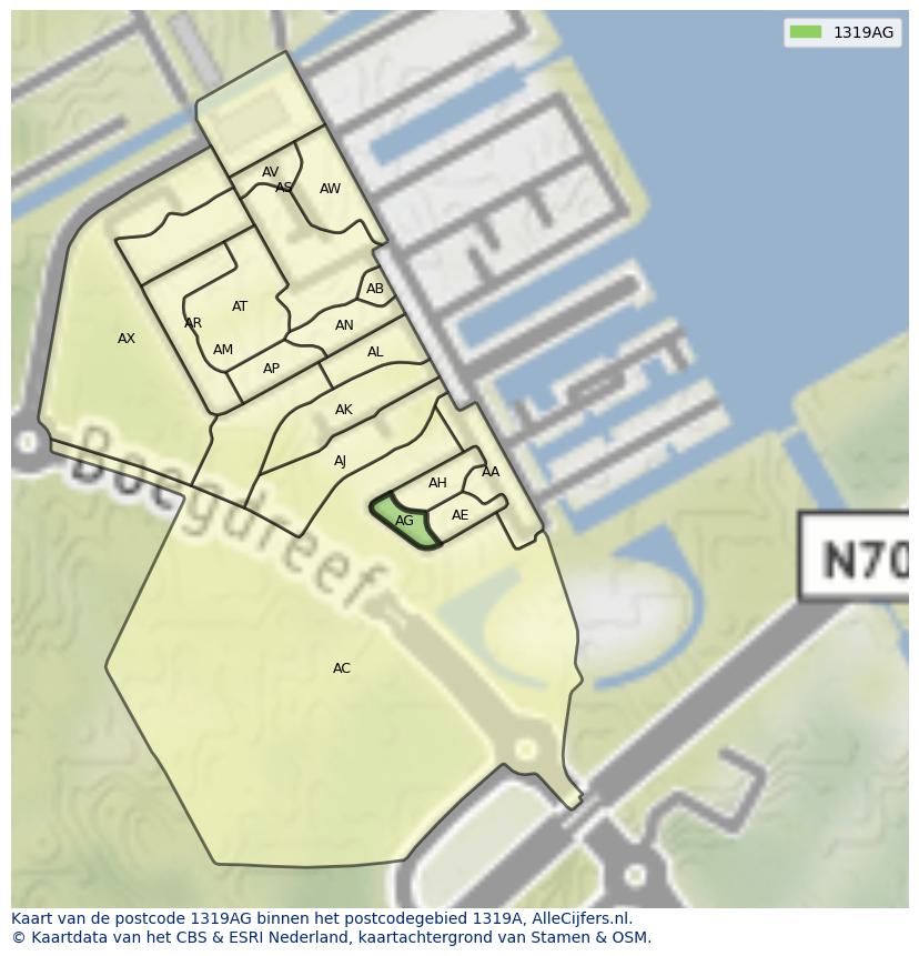 Afbeelding van het postcodegebied 1319 AG op de kaart.