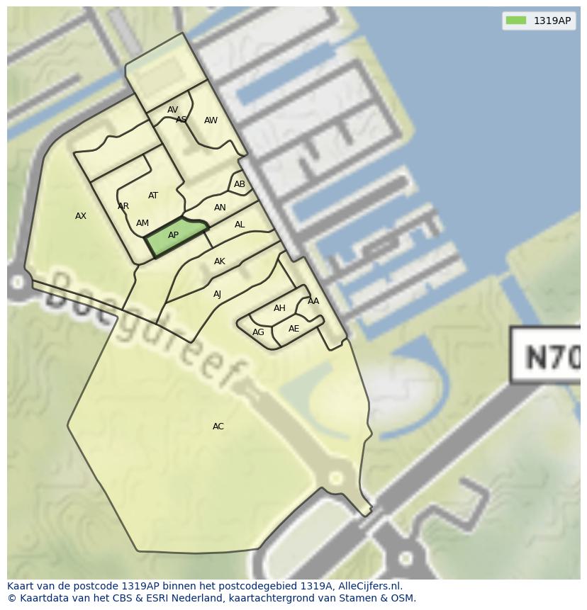 Afbeelding van het postcodegebied 1319 AP op de kaart.