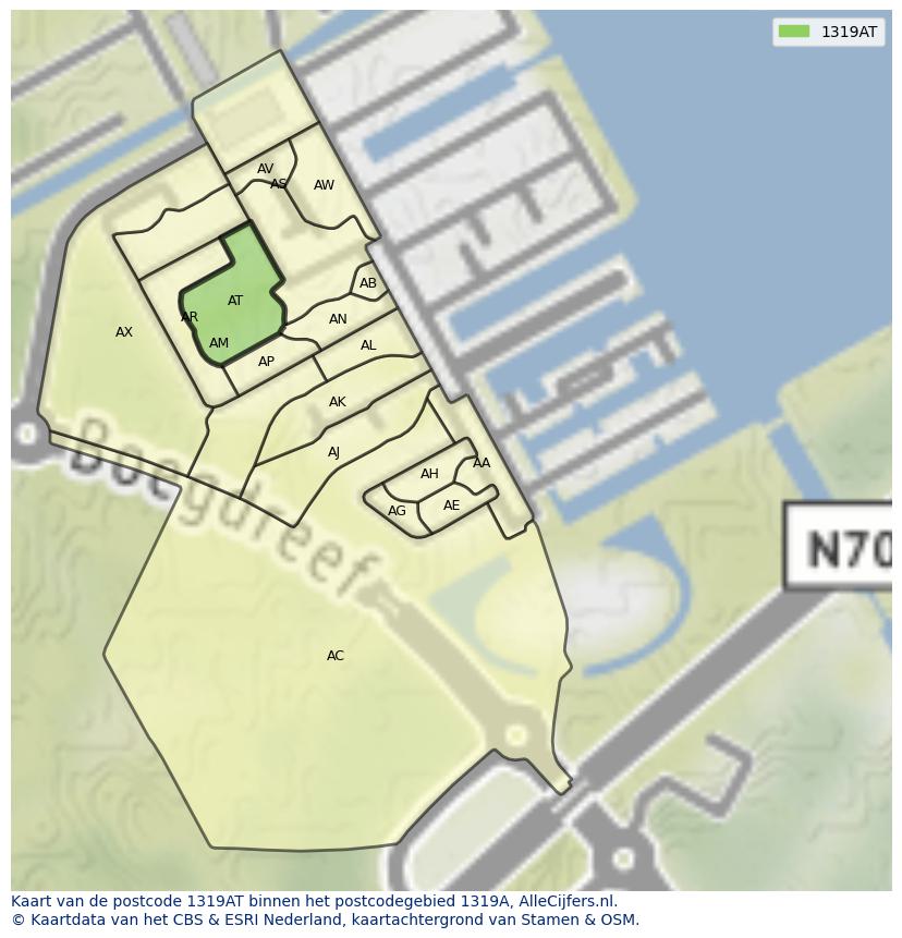 Afbeelding van het postcodegebied 1319 AT op de kaart.