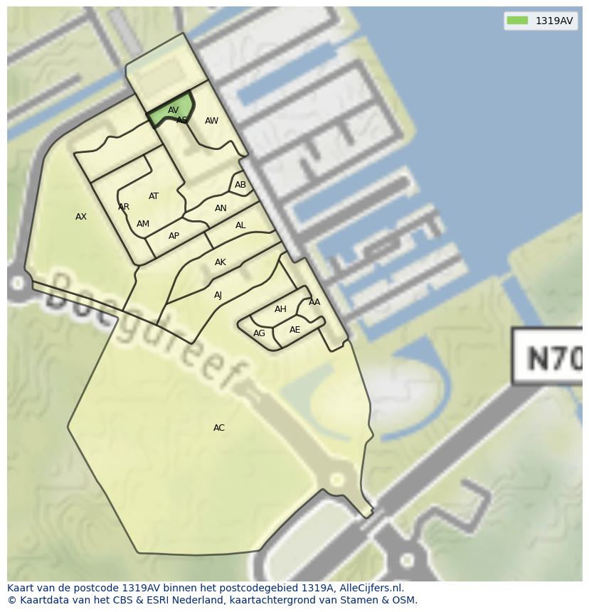 Afbeelding van het postcodegebied 1319 AV op de kaart.