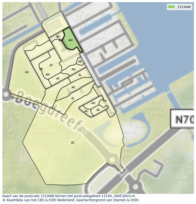 Afbeelding van het postcodegebied 1319 AW op de kaart.