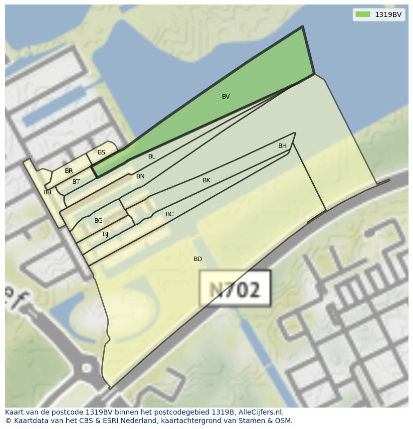 Afbeelding van het postcodegebied 1319 BV op de kaart.