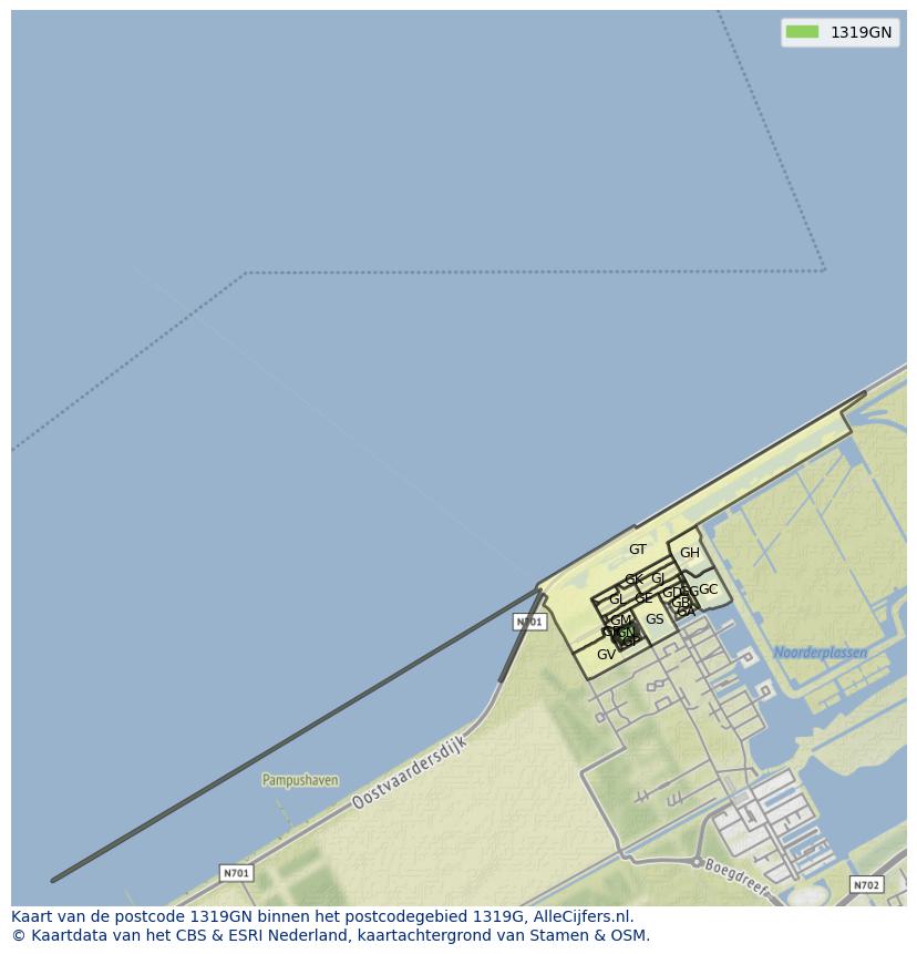 Afbeelding van het postcodegebied 1319 GN op de kaart.