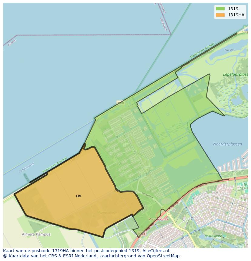 Afbeelding van het postcodegebied 1319 HA op de kaart.