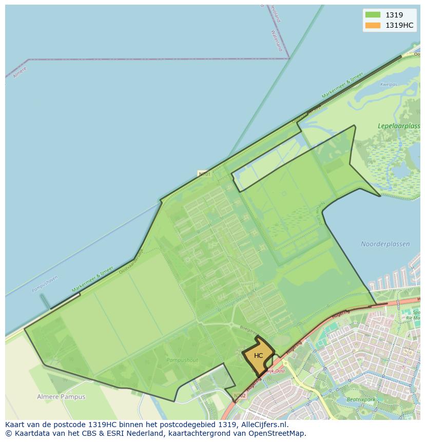 Afbeelding van het postcodegebied 1319 HC op de kaart.