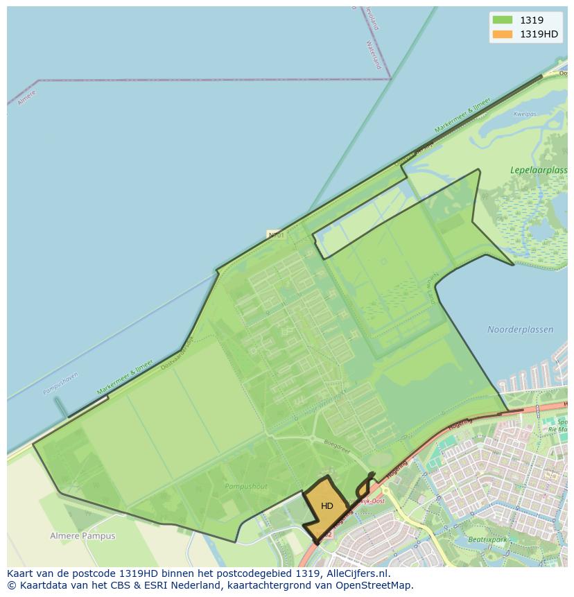 Afbeelding van het postcodegebied 1319 HD op de kaart.