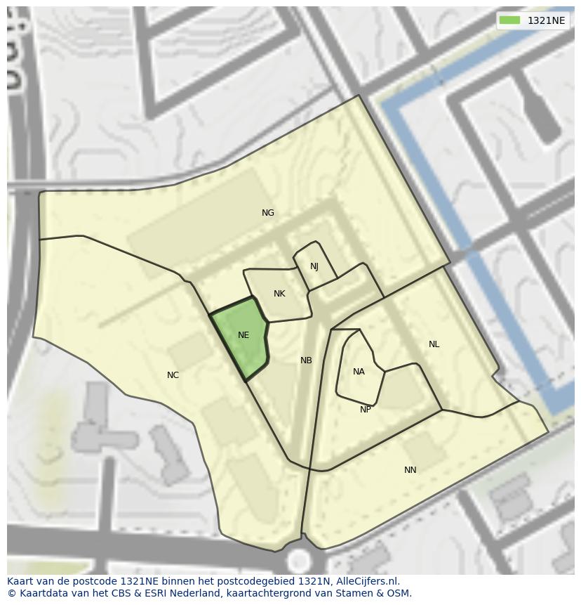 Afbeelding van het postcodegebied 1321 NE op de kaart.