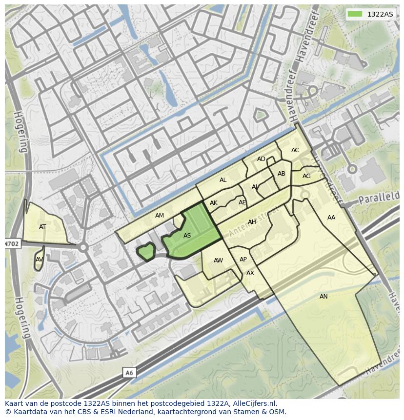 Afbeelding van het postcodegebied 1322 AS op de kaart.