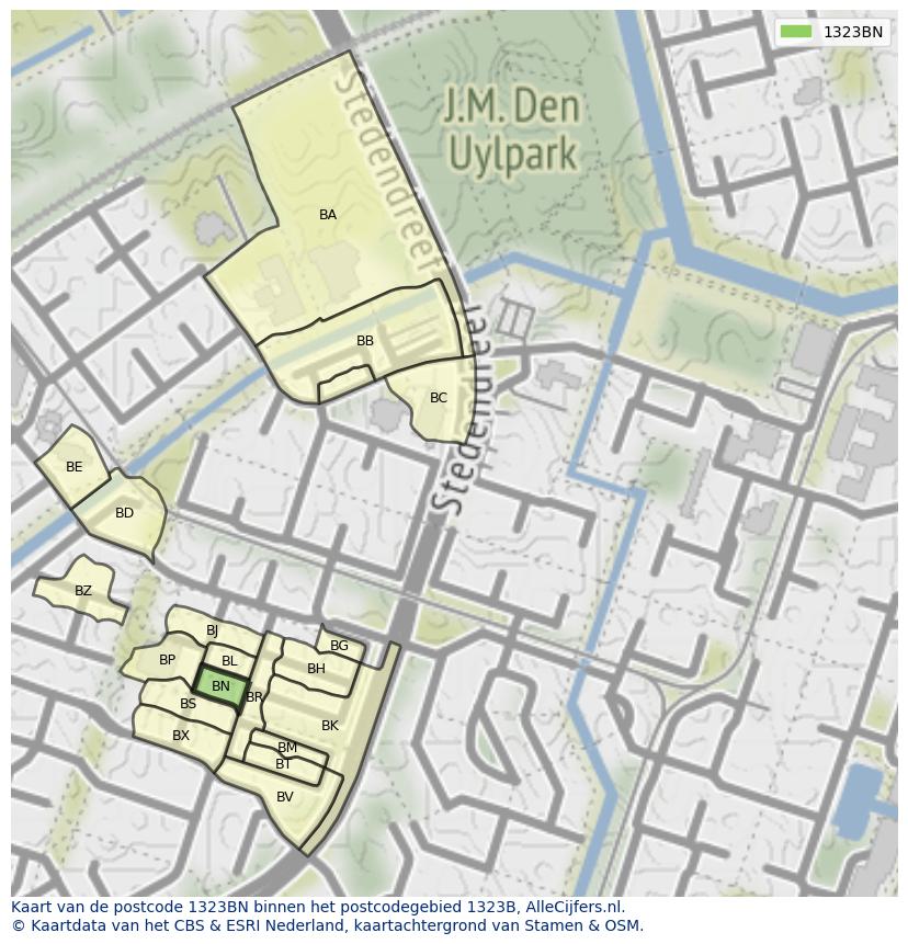 Afbeelding van het postcodegebied 1323 BN op de kaart.