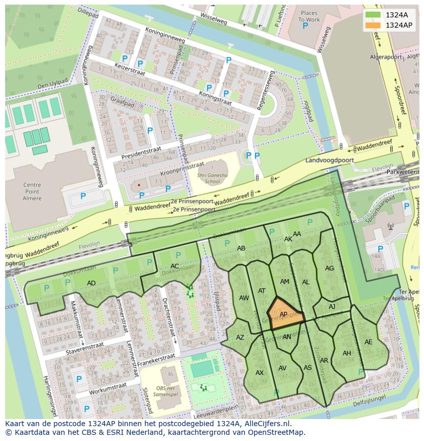 Afbeelding van het postcodegebied 1324 AP op de kaart.