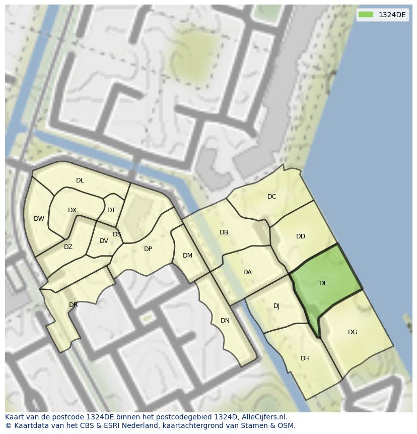 Afbeelding van het postcodegebied 1324 DE op de kaart.