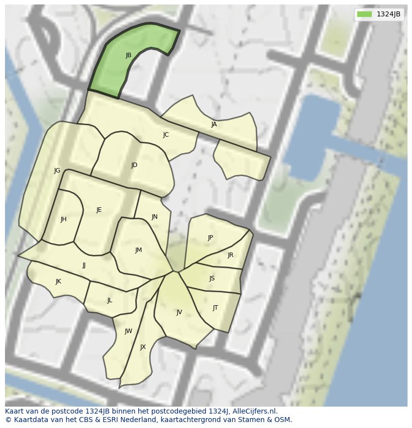 Afbeelding van het postcodegebied 1324 JB op de kaart.
