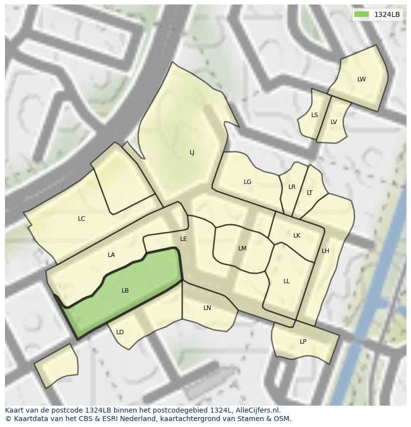 Afbeelding van het postcodegebied 1324 LB op de kaart.