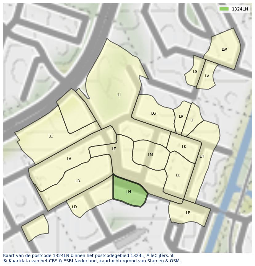 Afbeelding van het postcodegebied 1324 LN op de kaart.