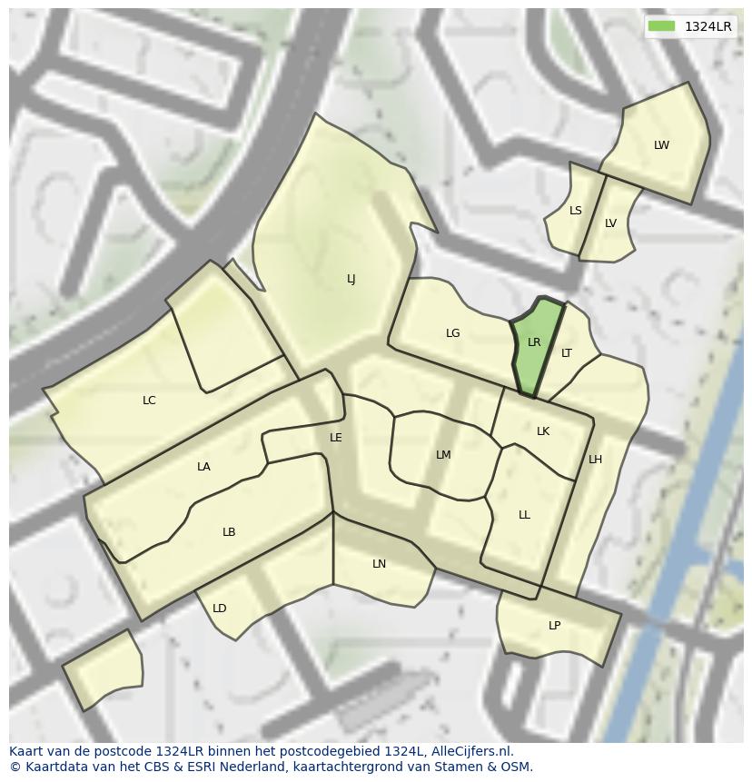 Afbeelding van het postcodegebied 1324 LR op de kaart.