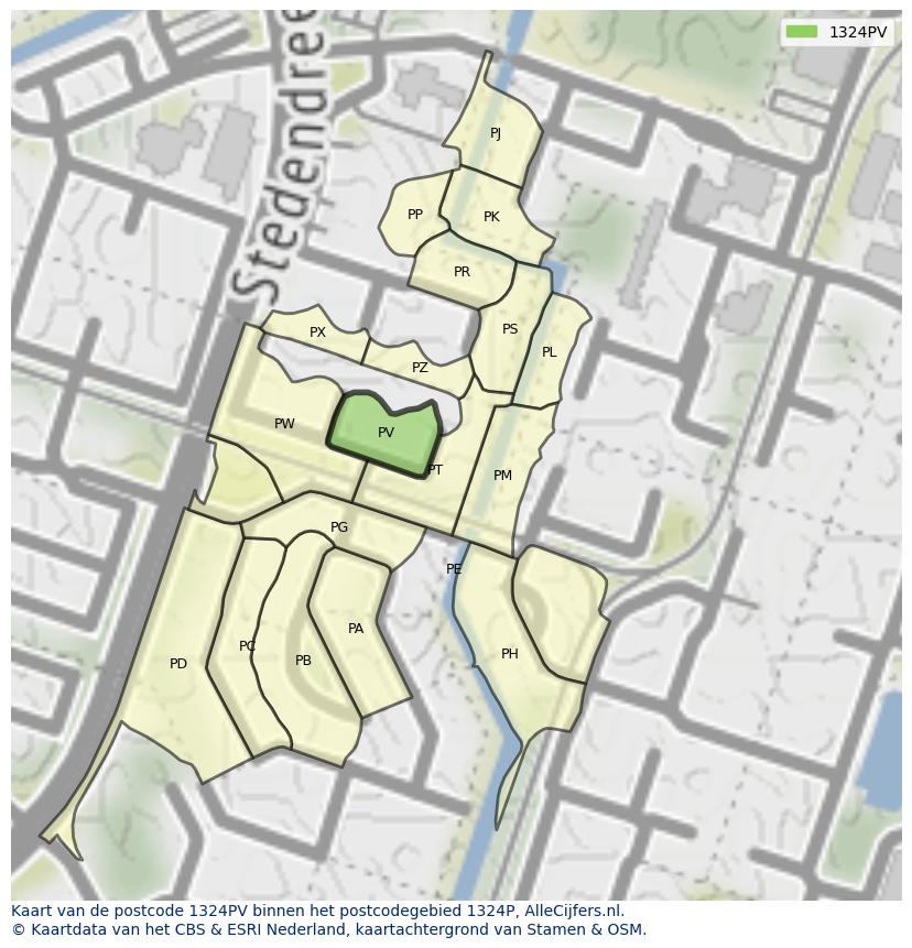 Afbeelding van het postcodegebied 1324 PV op de kaart.