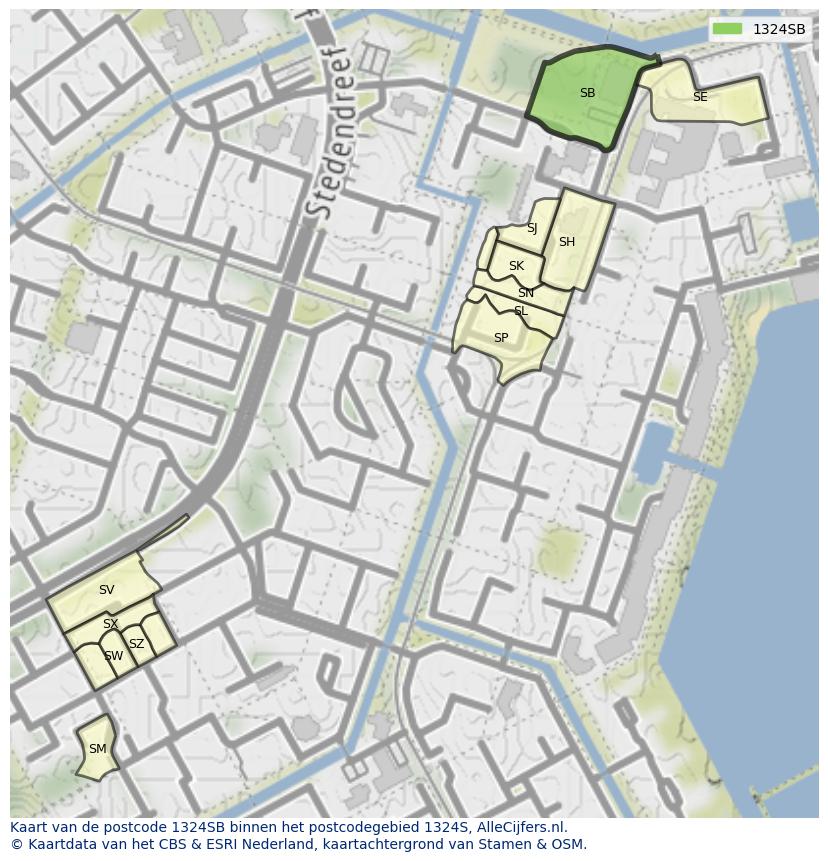 Afbeelding van het postcodegebied 1324 SB op de kaart.
