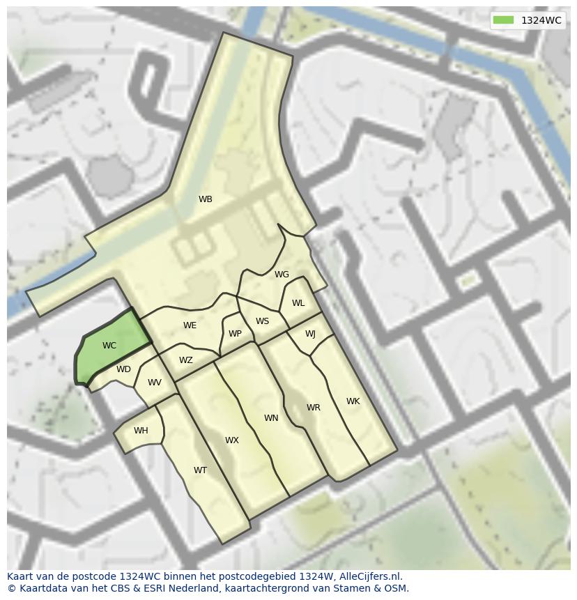 Afbeelding van het postcodegebied 1324 WC op de kaart.