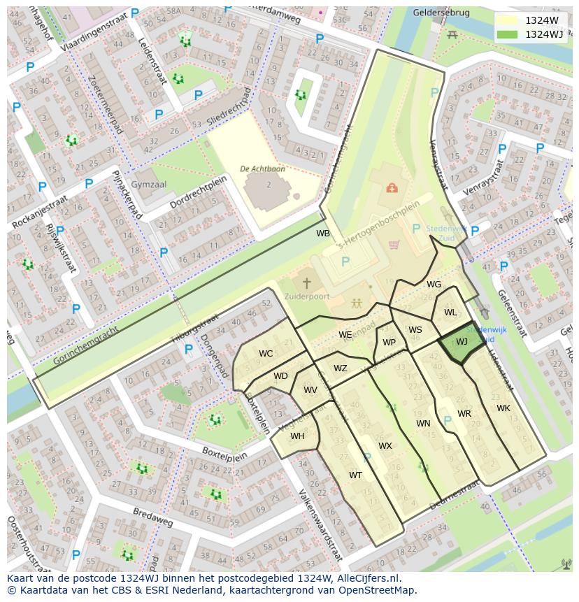 Afbeelding van het postcodegebied 1324 WJ op de kaart.