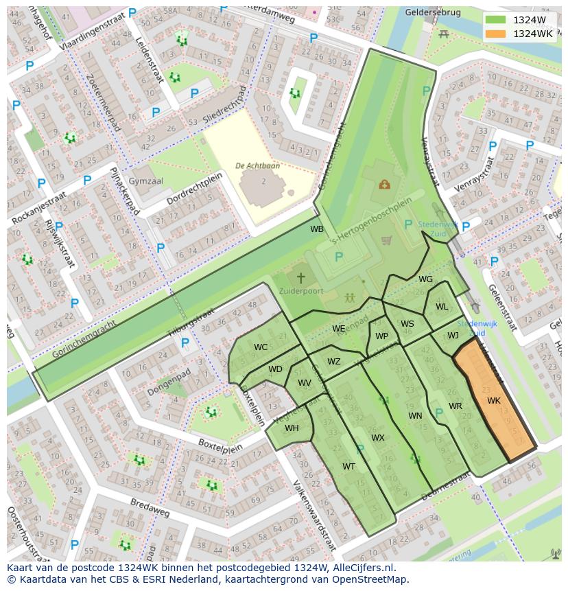 Afbeelding van het postcodegebied 1324 WK op de kaart.