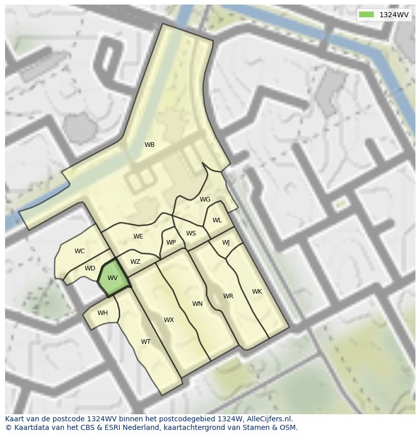 Afbeelding van het postcodegebied 1324 WV op de kaart.
