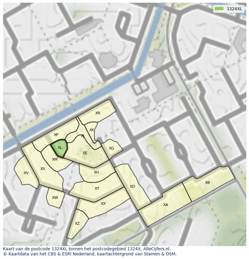 Afbeelding van het postcodegebied 1324 XL op de kaart.
