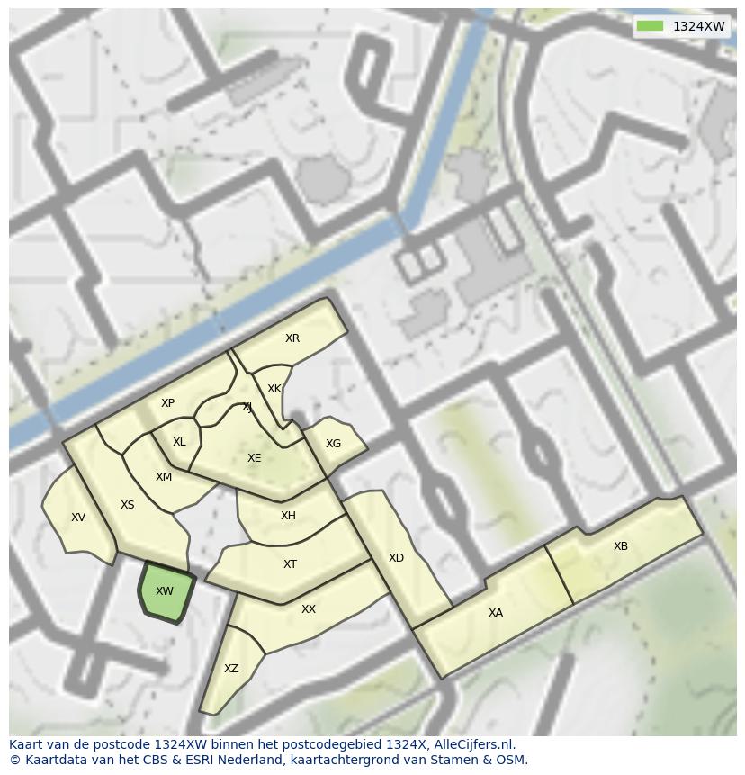 Afbeelding van het postcodegebied 1324 XW op de kaart.