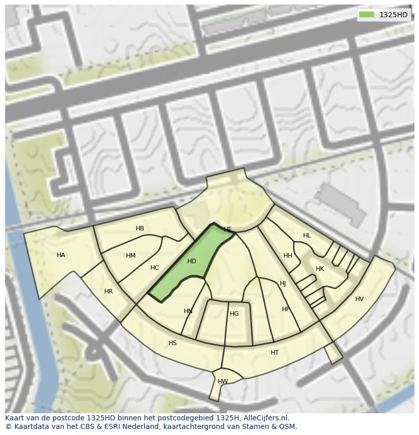 Afbeelding van het postcodegebied 1325 HD op de kaart.