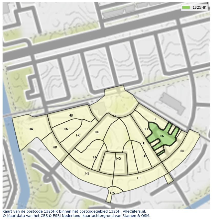 Afbeelding van het postcodegebied 1325 HK op de kaart.