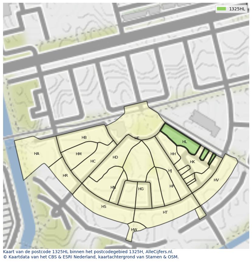 Afbeelding van het postcodegebied 1325 HL op de kaart.