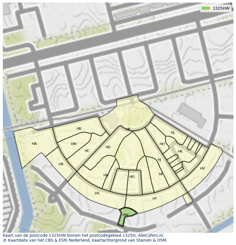 Afbeelding van het postcodegebied 1325 HW op de kaart.