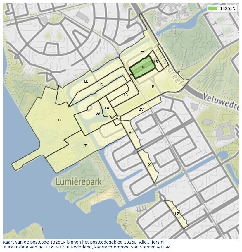 Afbeelding van het postcodegebied 1325 LN op de kaart.