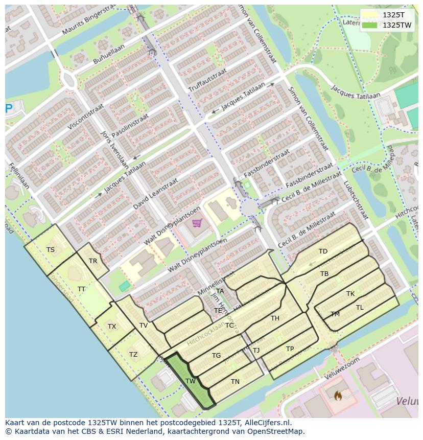 Afbeelding van het postcodegebied 1325 TW op de kaart.