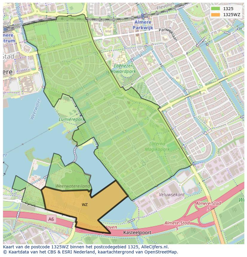 Afbeelding van het postcodegebied 1325 WZ op de kaart.