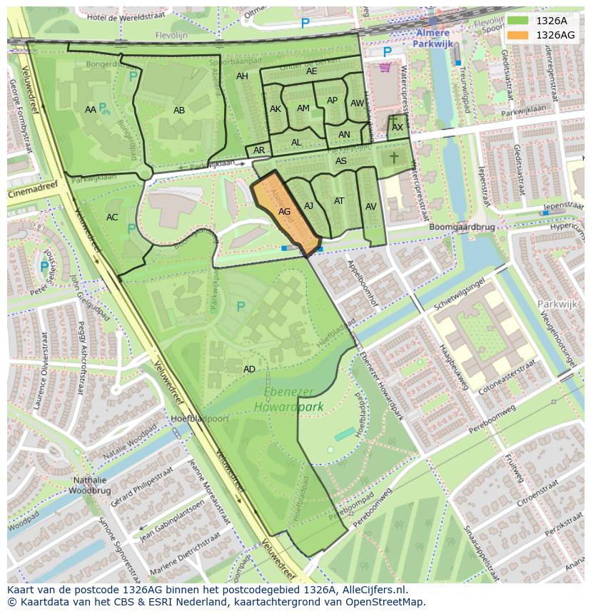 Afbeelding van het postcodegebied 1326 AG op de kaart.