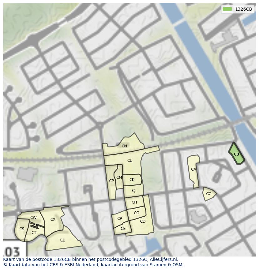 Afbeelding van het postcodegebied 1326 CB op de kaart.