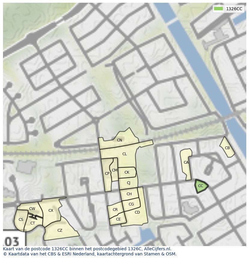 Afbeelding van het postcodegebied 1326 CC op de kaart.
