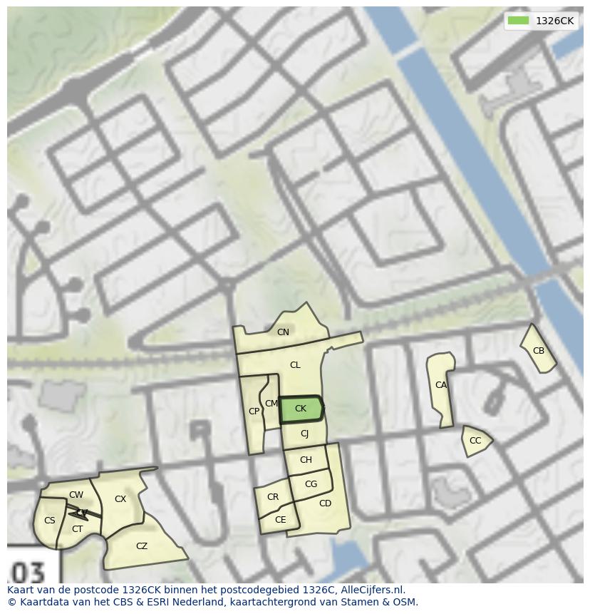 Afbeelding van het postcodegebied 1326 CK op de kaart.