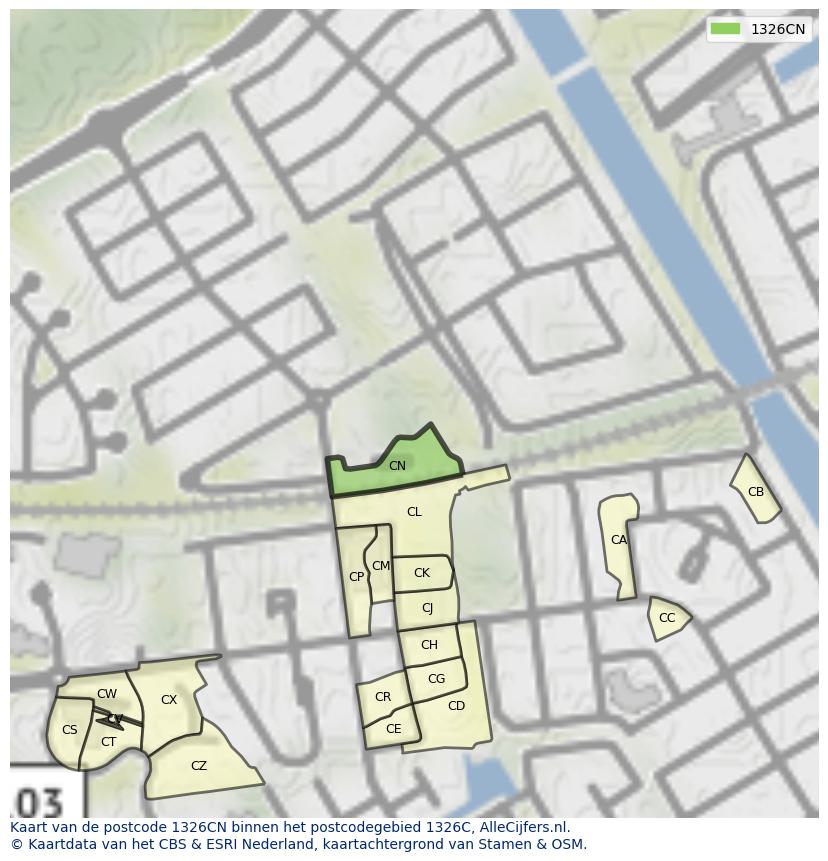 Afbeelding van het postcodegebied 1326 CN op de kaart.