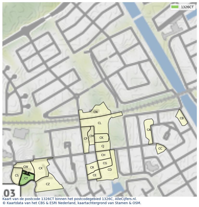 Afbeelding van het postcodegebied 1326 CT op de kaart.