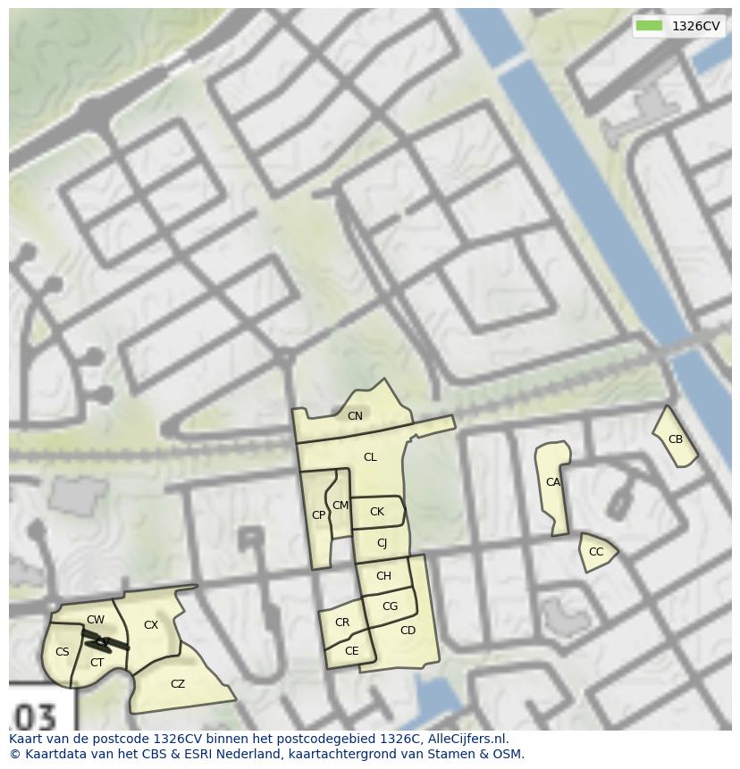 Afbeelding van het postcodegebied 1326 CV op de kaart.