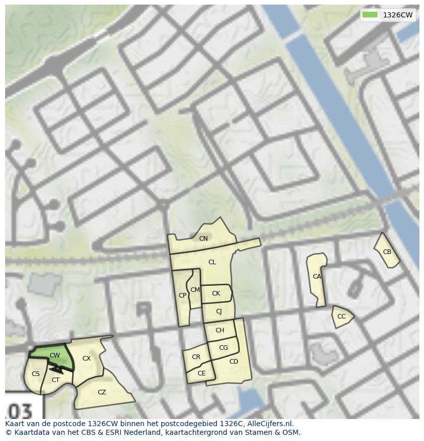Afbeelding van het postcodegebied 1326 CW op de kaart.