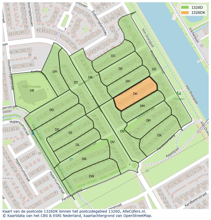 Afbeelding van het postcodegebied 1326 DK op de kaart.