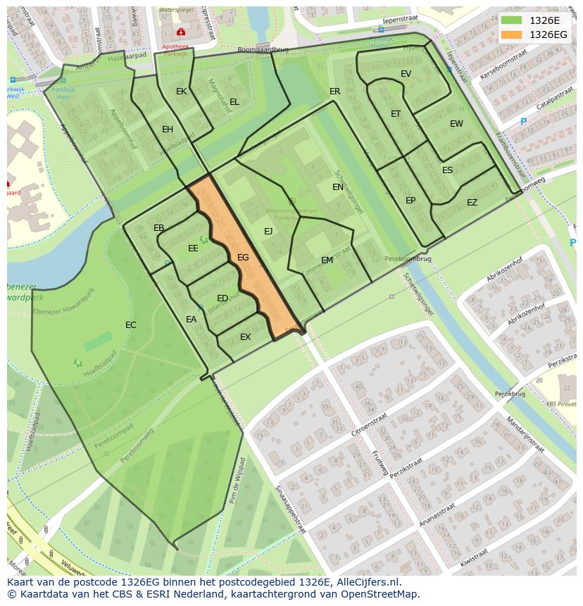 Afbeelding van het postcodegebied 1326 EG op de kaart.