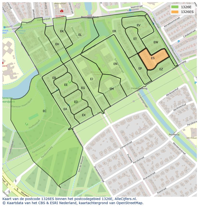 Afbeelding van het postcodegebied 1326 ES op de kaart.