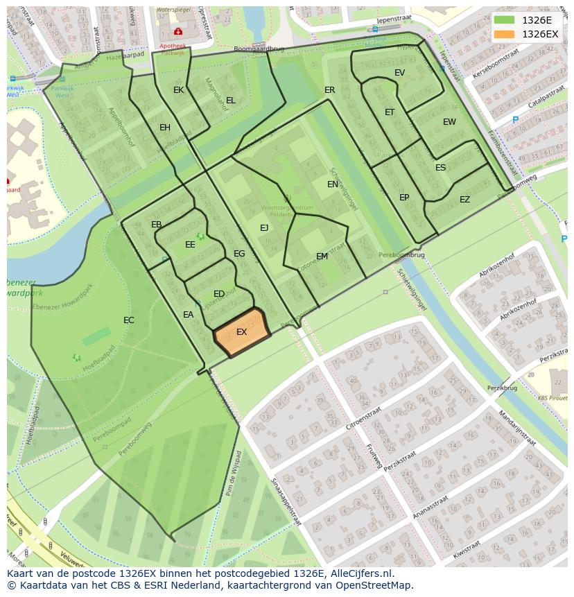 Afbeelding van het postcodegebied 1326 EX op de kaart.