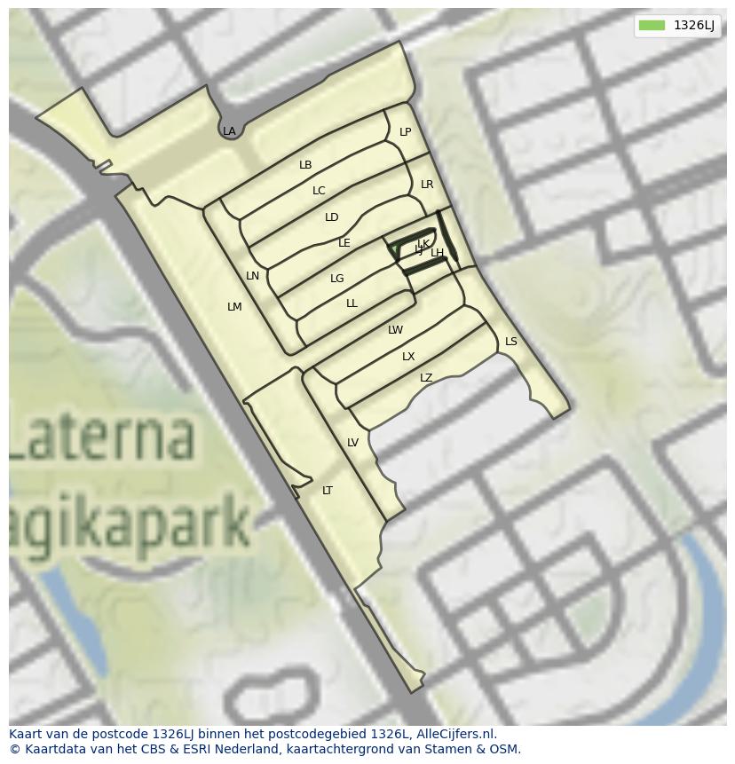 Afbeelding van het postcodegebied 1326 LJ op de kaart.